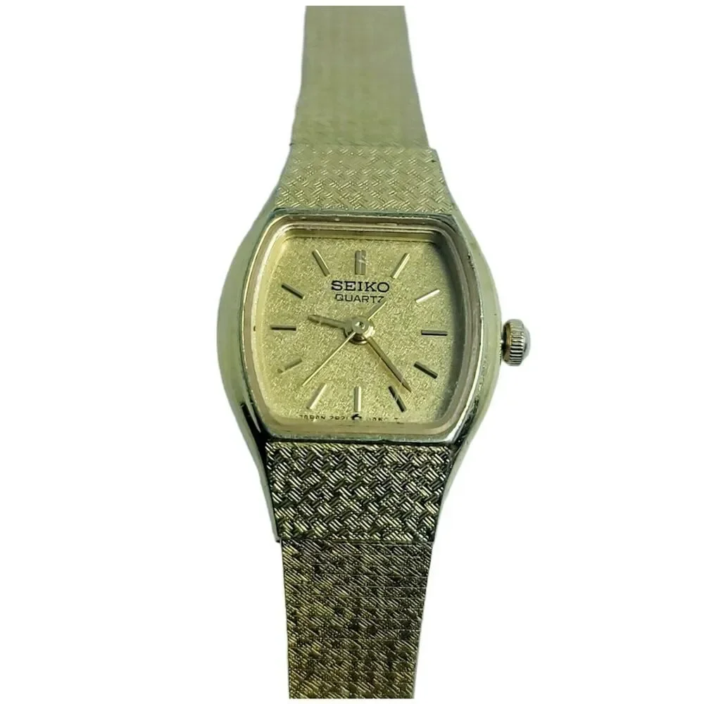 Vtg Seiko Womens‎ Square Watch Gold Tone Quarts Steel Back 2P21-5429 New Battery